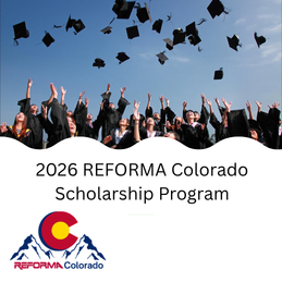 Picture of recent graduates throwing graduation caps in the air, promotion of the 2026 REFORMA Colorado Scholarship Program